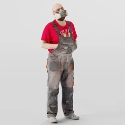 3D-rendered male figure in overalls and respirator, designed for Blender, showcasing relaxed posture with hands in pockets.