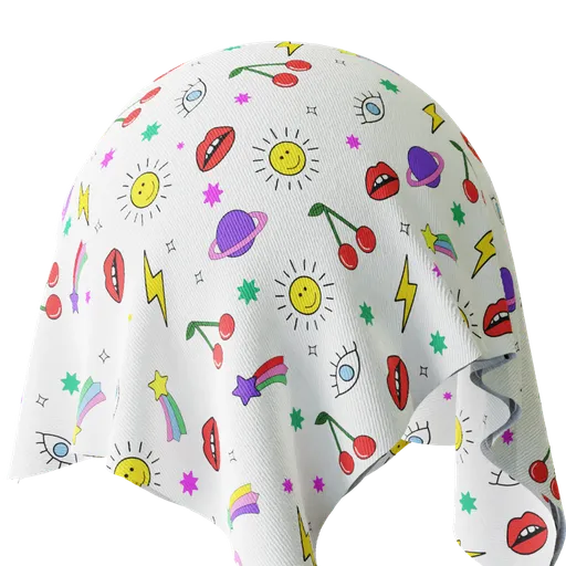 Colorful PBR material with a playful doodles pattern for 3D art and design, ideal for Blender 3D textile simulations.