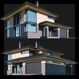 3D-rendered minimalist two-story house with wooden panels, grey bricks, and large windows, suitable for Blender.