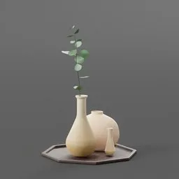 Detailed 3D Blender model of a eucalyptus plant with elegant pottery on a tray, ideal for indoor nature scenes.