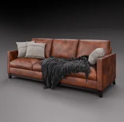 High-quality 3D Blender model of a leather sofa with cushions and a knitted throw.