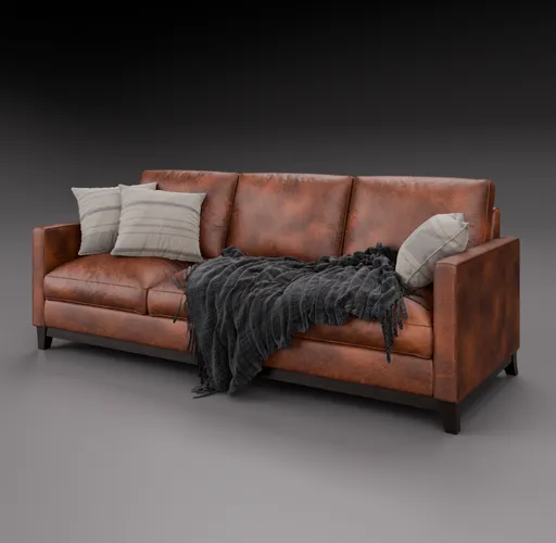 High-quality 3D Blender model of a leather sofa with cushions and a knitted throw.