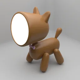 "Bed Side Table Lamp Dog Toy Deco - 3D model for Blender 3D. Featuring a small brown dog with a light on its head inside a mechanical cat's head. Rendered with a smooth surface, center spotlight, and right side key light. Perfect for adding a whimsical touch to your 3D designs."