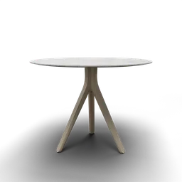 "Modern round table with white marble top and wooden legs, created with Blender 3D. Designed with a 3D iOS interface and featuring a radial light for added texture and realism. Perfect as a dining table or as a stand for your favorite decor."