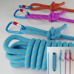 "Hyper-realistic 3D model of climbing ropes and carabiners in various colors, perfect for extreme adventures. Highly detailed with three masts and pouches. Available for use in Blender 3D."