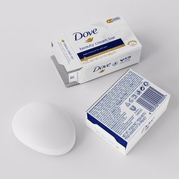 "3D model of Dove soap packaging with realistic dimensions, created using Blender 3D and scanned texture. Ideal for art and product imagery projects."