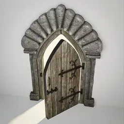 Low-poly 3D Blender model of an arched medieval Gothic door with realistic stone frame and metal hinges, suitable for castle and church scenes.