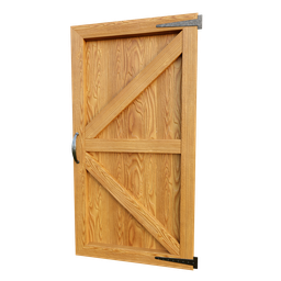 "Hyper-realistic 3D model of a wooden garden gate door with a metal handle, created in Blender 3D. Inspired by Leona Wood and Annabeth Chase, this symmetrical 8K render is perfect for adding a touch of realism to any outdoor scene."