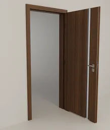Highly detailed Blender 3D model of a semi-open wooden bathroom door with a translucent glass panel.