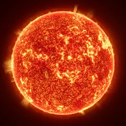 Detailed 3D sun model with fiery surface and solar flares, optimized for Blender rendering with EEVEE and Cycles.