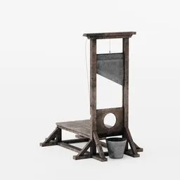 "Game-ready Guillotine 3D model for Blender 3D - Historic military asset with a realistic wooden device, bucket, and the fall of the ancient regime portrayed. Rendered in high resolution, this toy guillotine by Weiwei is perfect for inquisition-themed gaming or old home decor projects."