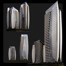 Modern high-rise 3D model with glass facade and undulating balconies, four angles showing design details, Blender compatible.