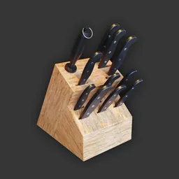 Detailed Blender 3D model showcasing a set of kitchen knives in a wooden block, designed with high realism.
