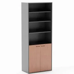 High-quality 3D model of a wooden bookcase with lower cabinets for Blender rendering, furniture design.
