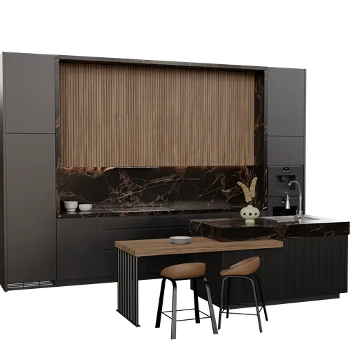 Highly detailed modern kitchen 3D model with marble accents rendered in Blender Cycles, available in .blend format.