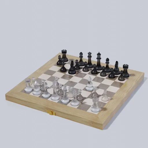Detailed Blender 3D render of a magnetic folding chessboard with transparent pieces, ideal for training.