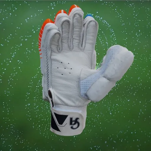 Detailed 3D model of white cricket gloves with orange and blue accents, Blender compatible, isolated with quad mesh.