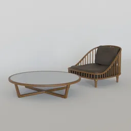 Elegant 3D-rendered wooden sofa with cushion and matching coffee table, ideal for interior modeling in Blender.