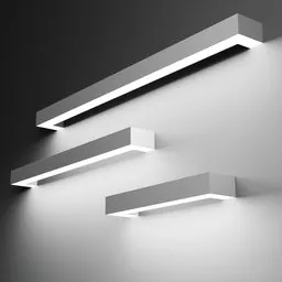 "Three minimalist wall lights with modulated lines and bolted installation. Available in 70cm to 160cm size variations, these award-winning lights feature OSL and linear gamma technology. Perfect for your next Blender 3D project."