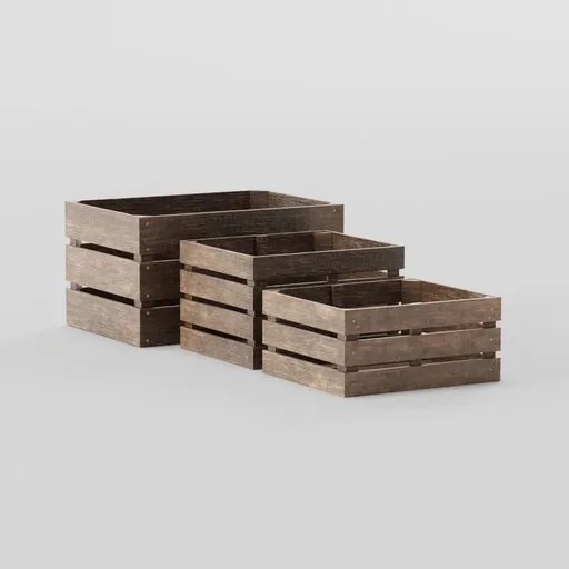 Lowpoly 3D Blender model of used wooden crates for industrial storage and transport with 2K textures.
