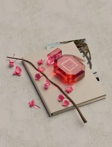 Elegant 3D-rendered product display with floral accents for creative professionals' showcases using Blender.