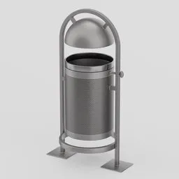 Highly detailed Blender 3D model of a metallic urban trash can with a hinged lid and a sturdy frame design.