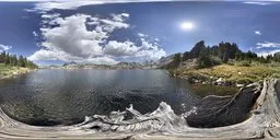 360-degree panoramic HDR featuring serene lake, dynamic clouds, and radiant sunlight for realistic scene illumination.