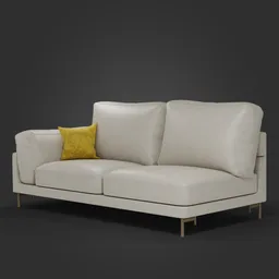 High-quality 3D leather sofa model with brass legs and a yellow accent pillow, compatible with Blender 3D.