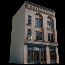 Highly detailed 3D model of a brick building facade, optimized for Blender with low poly count and quality texturing.