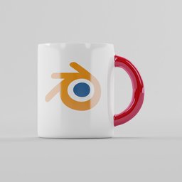 "3D model of a minimalist coffee mug featuring a red handle and iconic logo, rendered with V-ray engine and PBR textures in Blender 3D. Perfect for product visualization and photography, with a unique design and high aperture for stunning detail."
