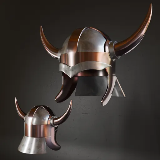 Detailed 3D helmet model with horns and metal texture, suitable for Blender, showcases accurate human proportions and wearable design.
