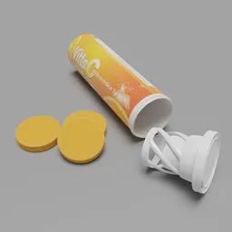 "3D model of a pharmacy product, a tube of Vitamin C tabs with a bottle and cup. Inspired by Henry Otto Wix and awarded on cgsociety, this BlenderKit product features two yellow pills and orange slices. Perfect for product introduction photos or healthcare-related design projects."