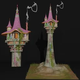 Intricate fairytale tower 3D model with escape bedsheet, ideal for Blender fantasy scenes.