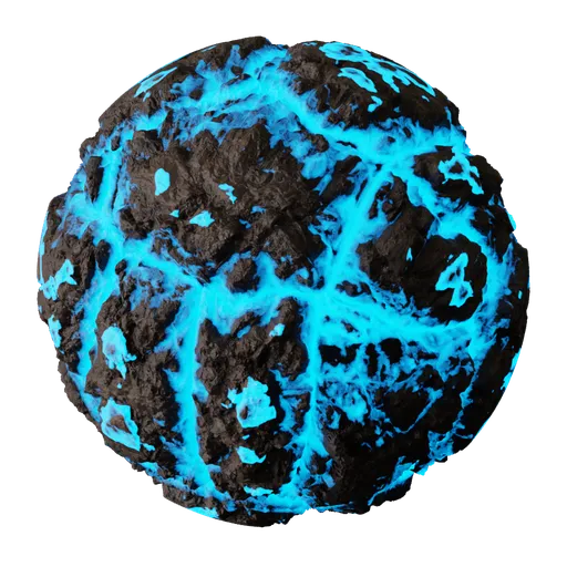 High-resolution PBR glowing blue rock texture for 3D modeling, perfect for adding a mystical ambiance in virtual environment designs.