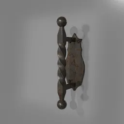 Detailed 3D render of a rustic medieval-style steel door handle with ornate design suitable for Blender.