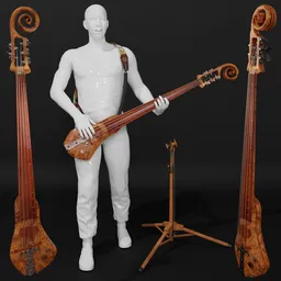 "Joboline - Bastian the bard's bass, a high-quality 3D model for instruments category in Blender 3D. Featuring a unique hand-hammered bridge and built-in Delano pickup, this bass can be played horizontally like a traditional bass or bowed out like a cello. Comes with a tripod bass stand, cello bow, and special strap for horizontal playing."
