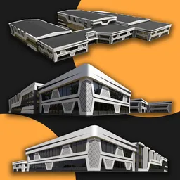 "Explore the futuristic design of M3D's Sport Complex 3D model for Blender 3D. This sci-fi building features detailed faces and a black, rectangular design perfect for public spaces like schools and sports complexes. A top-down view showcases the building's abundance of windows and unique roof structure."
