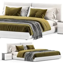 "Explore the Bed Poliform Dream 3D model for Blender 3D in full-body render with a green and white blanket. This high-quality model is available in 5 dark tone colors and inspired by the works of Giorgio Giulio Clovio. With precise measurements of 206 x 226 x H85 centimeters and detailed polys of 471,385, it's perfect for any project."