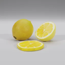 Detailed 3D lemon collection, including whole, halved, and sliced models, optimized for Blender rendering.