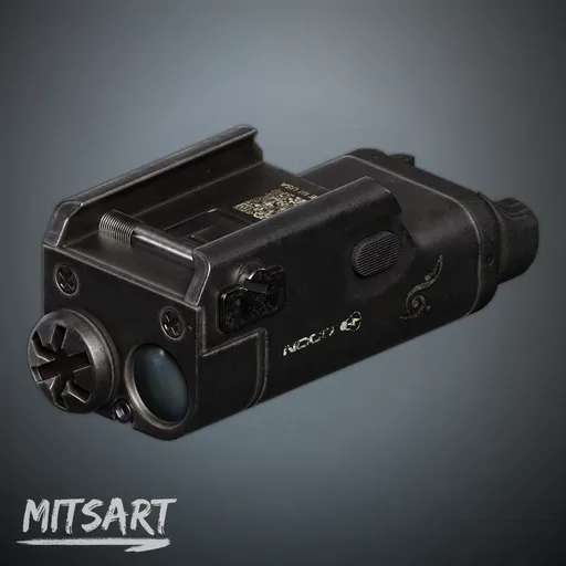 Highly detailed tactical flashlight 3D model with 4K textures, designed for picatinny rail attachment, created in Blender and textured in Substance.