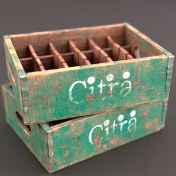 "Lowpoly wooden crate for beer or alcohol carriage with Citra label, perfect as game asset or render prop. Detailed textures made in Substance Painter. Blender 3D model for industrial container category."