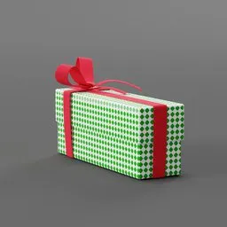 3D-rendered elongated gift box with green polka dots and a shiny red bow, Blender compatible.