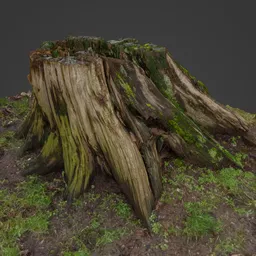 Highly detailed 3D model of a tree stump with moss and textured bark for Blender graphics projects.