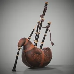 Detailed 3D Blender model of a traditional leather bagpipe with intricate designs.
