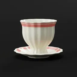"3D Cup and Saucer model in Blender 3D - A white tableware set featuring a pink stripe, with stunning iridescent specular highlights. This rococo-inspired design showcases transparent cloth and is perfect for in-game use. Enjoy this fancy and unused vanilla-inspired creation, rated highly!"