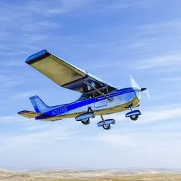 "Explore the realistic digital art of a Cessna 172 with this high-quality 3D model for Blender 3D. Animated propeller and vibrant metallic coloring bring this commercial aircraft to life. Perfect for your Australian Outback or aerial space scene. Featured on ArtStation and available in 4K resolution."